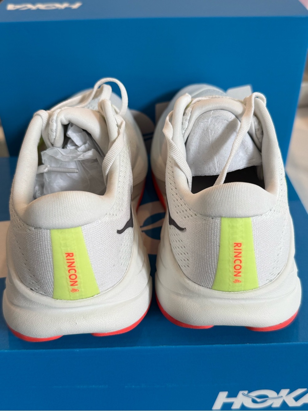 Hoka White Running Shoes with Neon Yellow and Coral Trim - Picture 3 of 8
